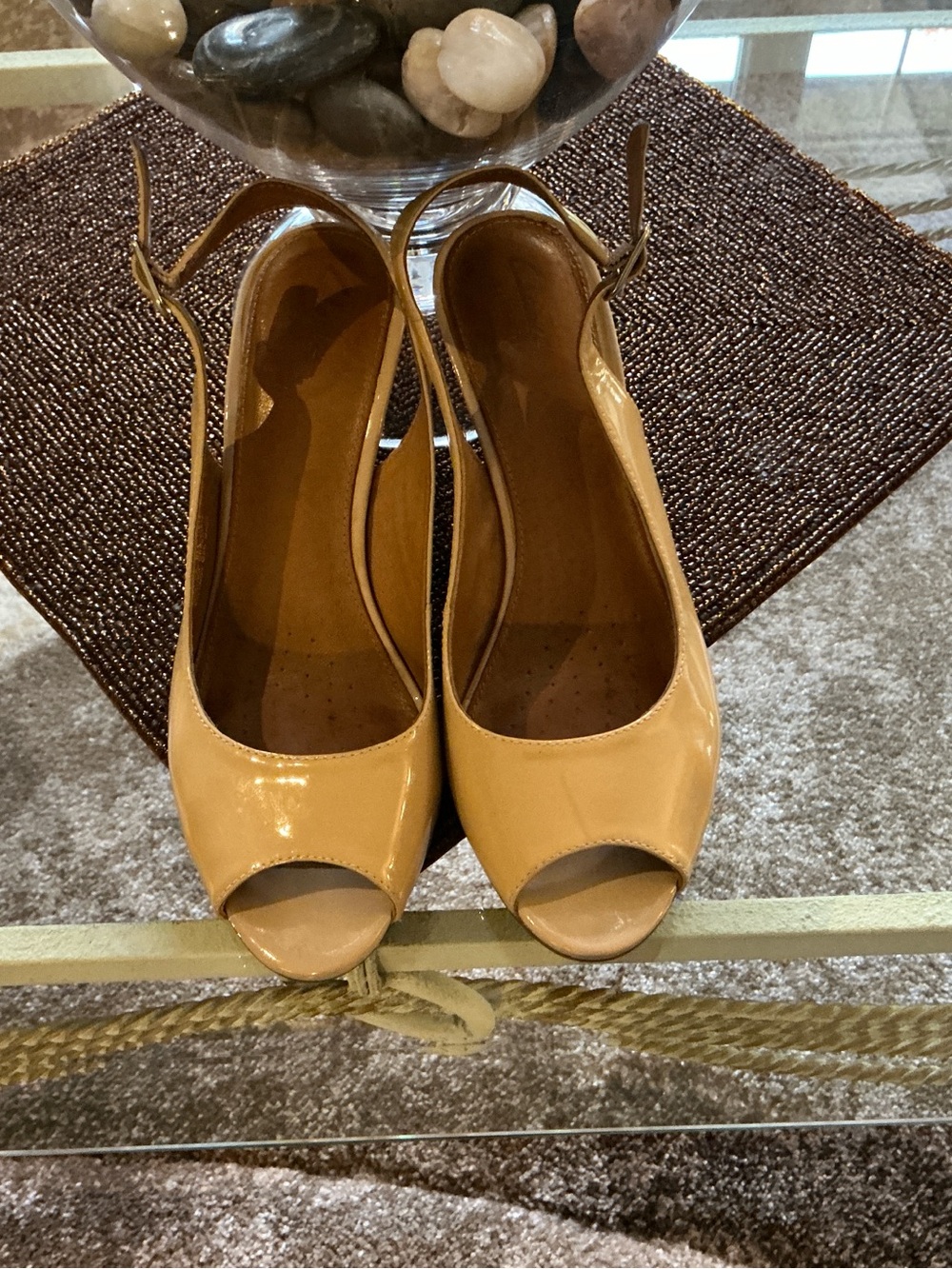 Clarks Women's Nude Patent Leather Peep-Toe Slingback Heels